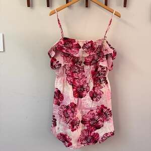 Roxy Women's Pink Floral Ruffle Spaghetti Strap Mini Dress Size L